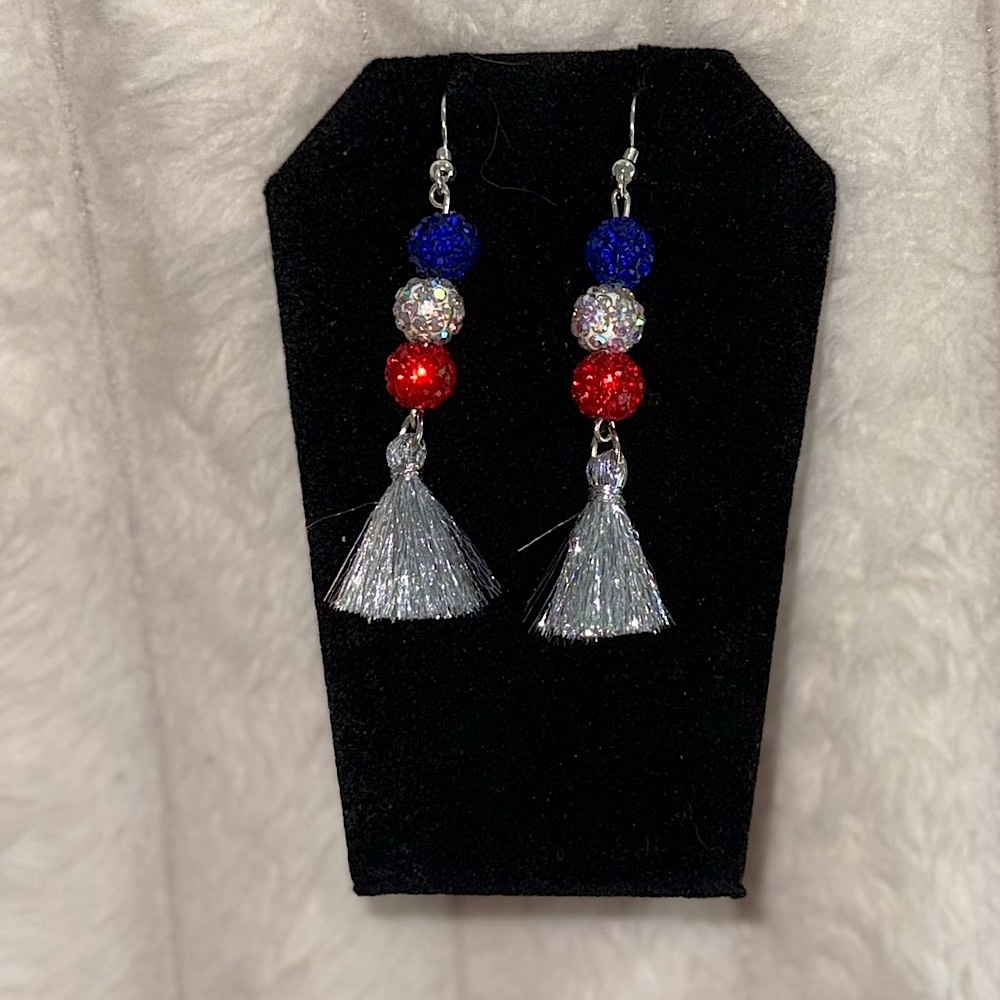 Elegant Silver Red and blue Beaded Earrings